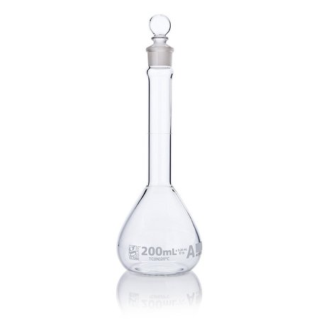 GLOBE SCIENTIFIC Flask, Volumetric, Wide Mouth, Globe Glass, 200mL, Class A, To Contain (TC), ASTM E288, 6/Box 8230200